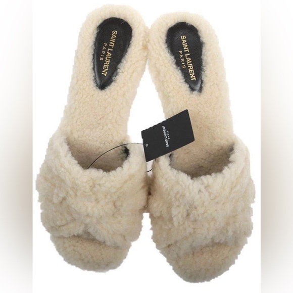 YSL SAINT LAURENT SHEARLING FUR TRIBUTE SANDALS HEELS SLIDES SHOES 39.5 - Picture 5 of 8